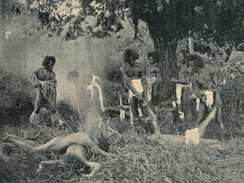 Une fête cannibale à Fiji en 1869 - Source : Wikimedia, Edward Reeves.