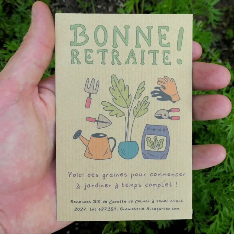 Carte de vœux à semer “Bonne retraite” (Jardiner à temps complet) – Graines de Carotte de Colmar
