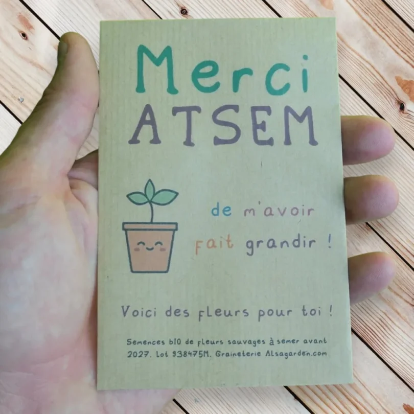 Carte de vœux à semer “Merci ATSEM” (Jeune pousse) – Graines de Fleurs sauvages