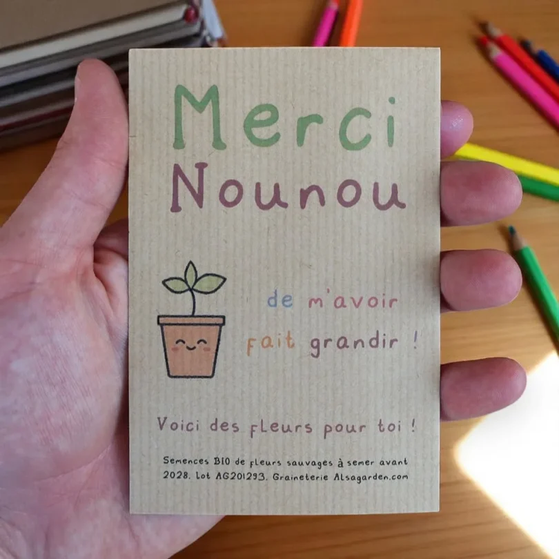 Carte de vœux à semer “Merci Nounou” (Jeune pousse) – Graines de Fleurs sauvages